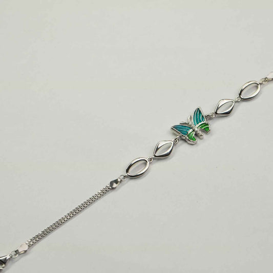 Green Enamel Butterfly & Marquise Link Bracelet in 925 Silver