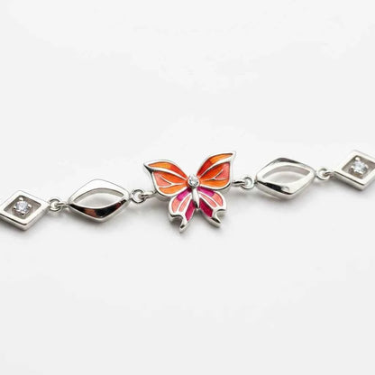 Orange Enamel Butterfly Marquise Leaf Beaded Chain Bracelet in 925 Silver