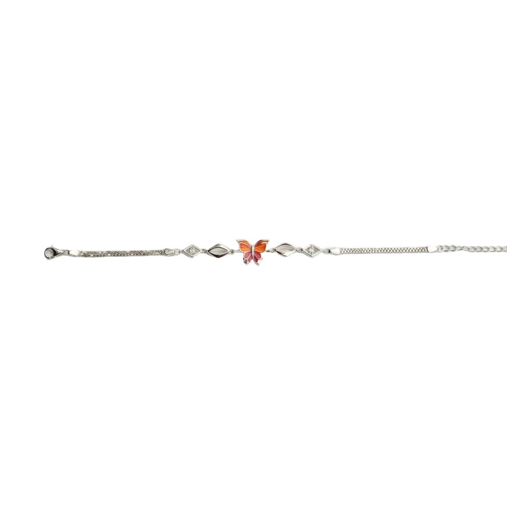 Shyni Jewelry silver chain bracelet featuring a delicate orange and pink enamel butterfly charm with geometric links.