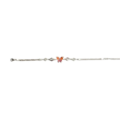 Shyni Jewelry silver chain bracelet featuring a delicate orange and pink enamel butterfly charm with geometric links.