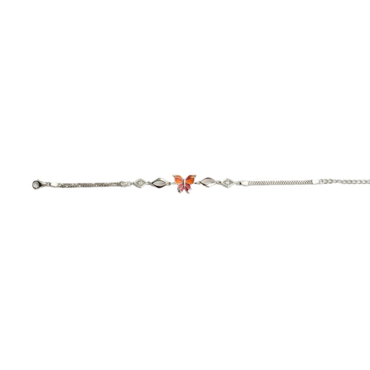 Shyni Jewelry silver chain bracelet featuring a delicate orange and pink enamel butterfly charm with geometric links.