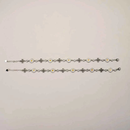 White Enamel Daisy Flower & Black CZ Cross Link Chain Anklet Set of 2 in 925 Silver