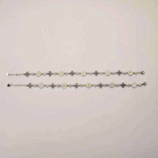 White Enamel Daisy Flower & Black CZ Cross Link Chain Anklet Set of 2 in 925 Silver