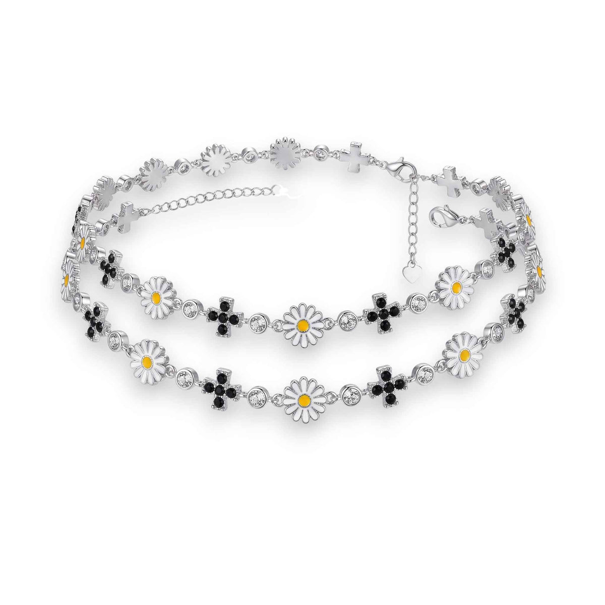 white enamel daisy flower & black cz cross link chain anklet set of 2 in 925 silver