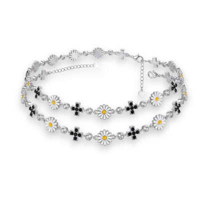 White Enamel Daisy Flower & Black CZ Cross Link Chain Anklet Set of 2 in 925 Silver