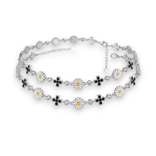 White Enamel Daisy Flower & Black CZ Cross Link Chain Anklet Set of 2 in 925 Silver