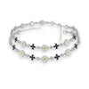 White Enamel Daisy Flower & Black CZ Cross Link Chain Anklet Set of 2 in 925 Silver