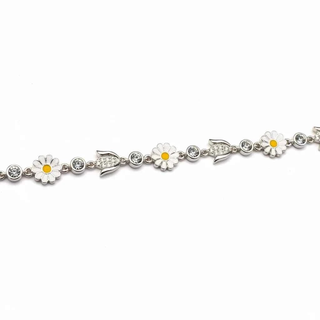 white enamel daisy flower & cz tulip bud link chain anklet set of 2 in 925 silver