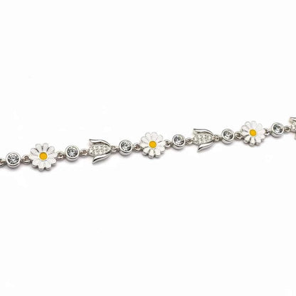 White Enamel Daisy Flower & CZ Tulip Bud Link Chain Anklet Set of 2 in 925 Silver