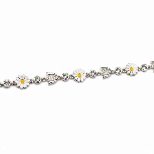 White Enamel Daisy Flower & CZ Tulip Bud Link Chain Anklet Set of 2 in 925 Silver