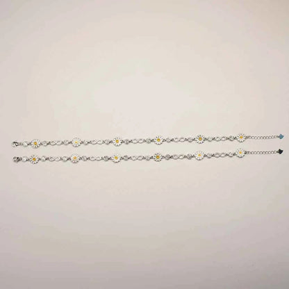 White Enamel Daisy Flower & Infinity Link Chain Anklet Set of 2 in 925 Silver