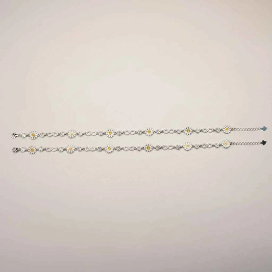 White Enamel Daisy Flower & Infinity Link Chain Anklet Set of 2 in 925 Silver