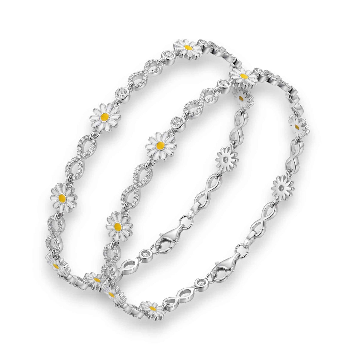 White Enamel Daisy Flower & Infinity Link Chain Anklet Set of 2 in 925 Silver