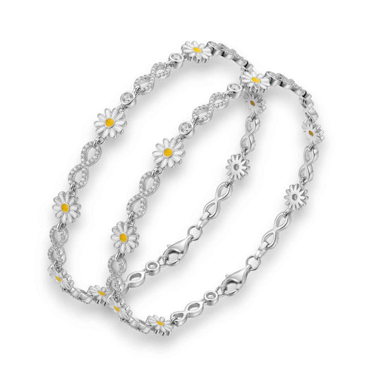 White Enamel Daisy Flower & Infinity Link Chain Anklet Set of 2 in 925 Silver