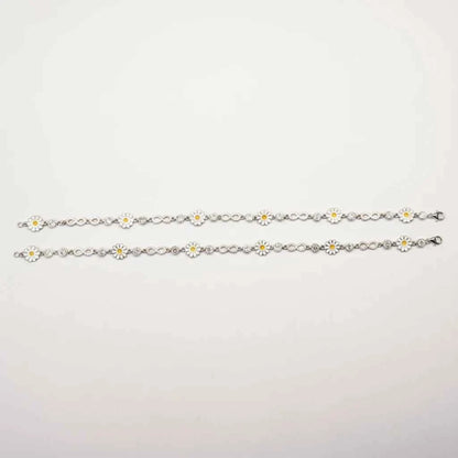 White Enamel Daisy Flower & Infinity Link Chain Anklet Set of 2 in 925 Silver