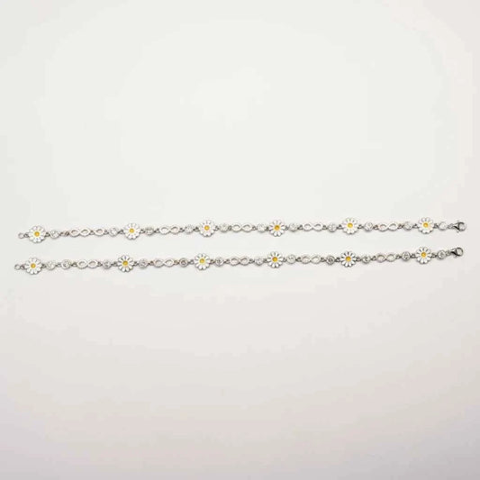 White Enamel Daisy Flower & Infinity Link Chain Anklet Set of 2 in 925 Silver