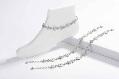 White Enamel Daisy Flower & Silver Star Link Chain Anklet Set of 2 in 925 Silver