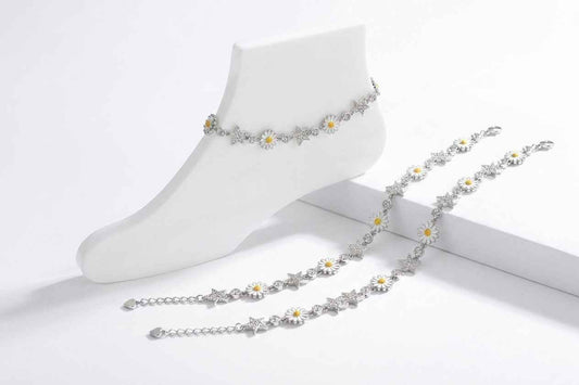 White Enamel Daisy Flower & Silver Star Link Chain Anklet Set of 2 in 925 Silver