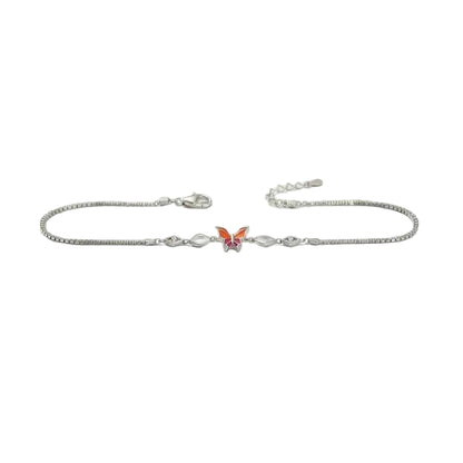 Orange Enamel Butterfly Marquise Leaf Beaded Chain Bracelet in 925 Silver