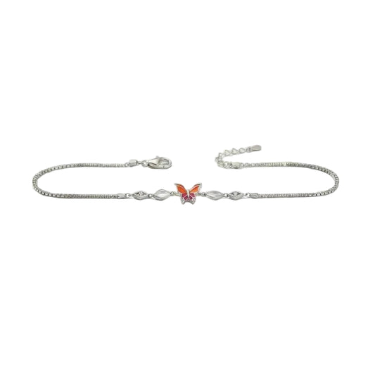 Orange Enamel Butterfly Marquise Leaf Beaded Chain Bracelet in 925 Silver
