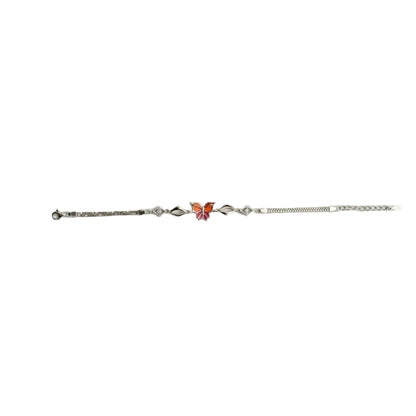 Orange Enamel Butterfly Marquise Leaf Beaded Chain Bracelet in 925 Silver