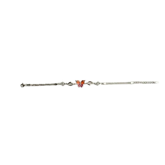 Orange Enamel Butterfly Marquise Leaf Beaded Chain Bracelet in 925 Silver