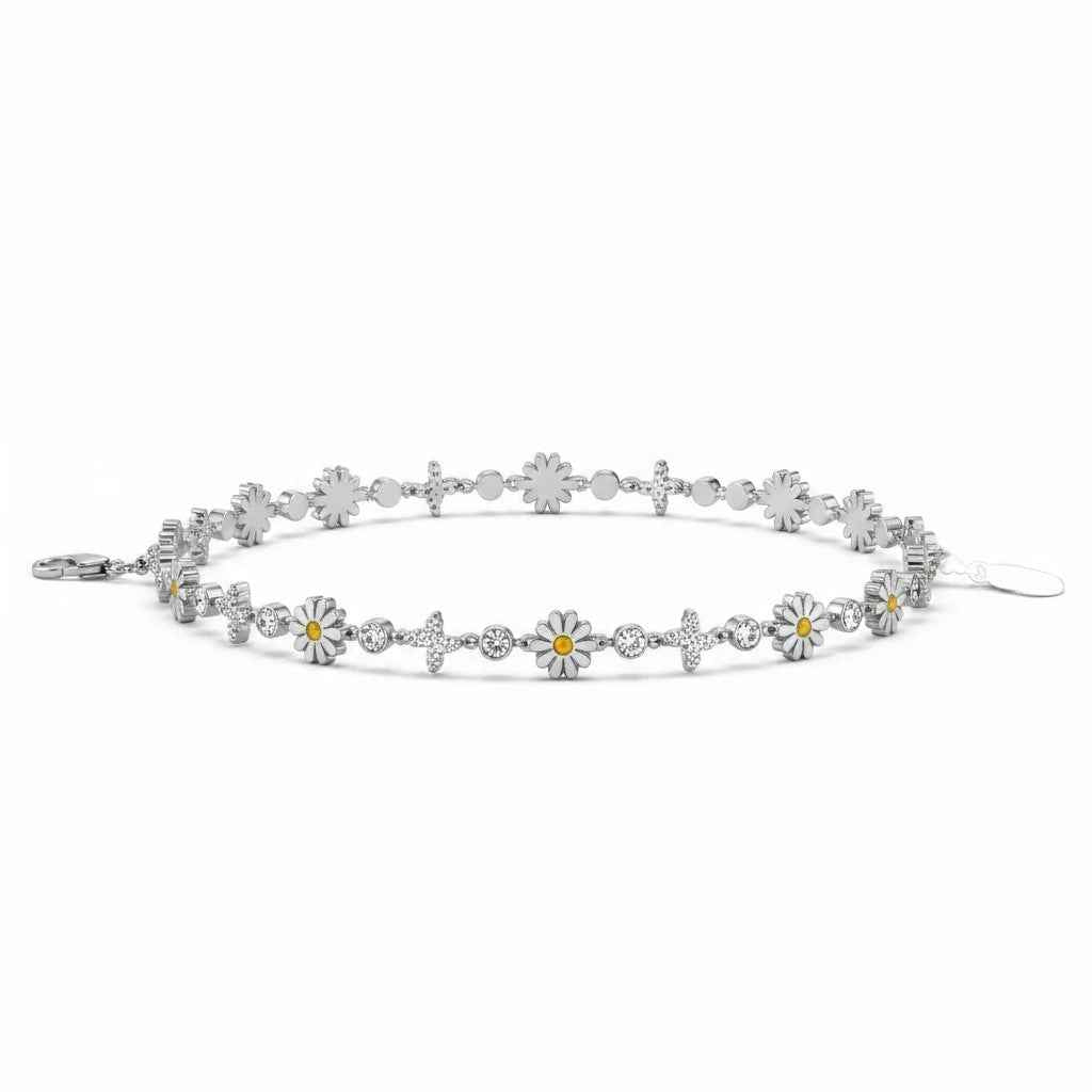 White Enamel Daisy Flower & CZ Butterfly Link Chain Anklet Set of 2 in 925 Silver