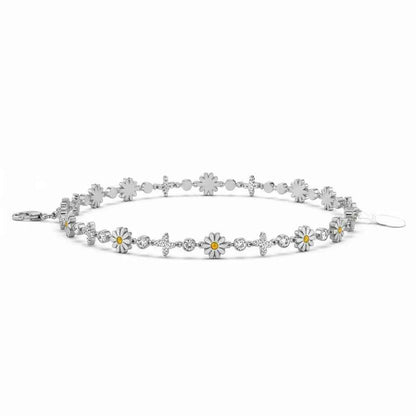 White Enamel Daisy Flower & CZ Butterfly Link Chain Anklet Set of 2 in 925 Silver