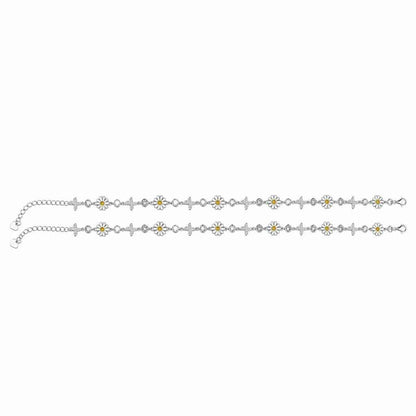 White Enamel Daisy Flower & CZ Butterfly Link Chain Anklet Set of 2 in 925 Silver