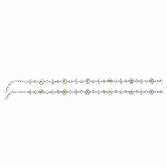 White Enamel Daisy Flower & CZ Butterfly Link Chain Anklet Set of 2 in 925 Silver