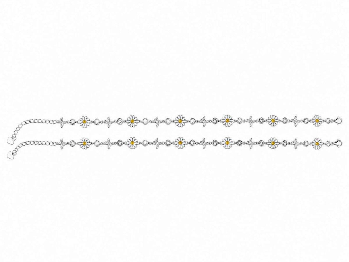 white enamel daisy flower & cz butterfly link chain anklet set of 2 in 925 silver
