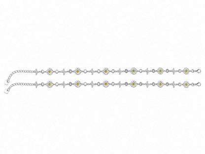 White Enamel Daisy Flower & CZ Butterfly Link Chain Anklet Set of 2 in 925 Silver