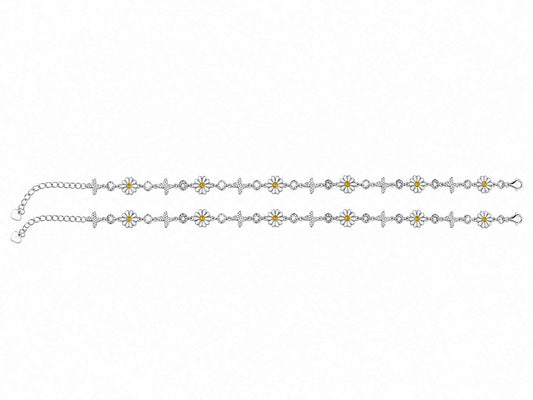 White Enamel Daisy Flower & CZ Butterfly Link Chain Anklet Set of 2 in 925 Silver