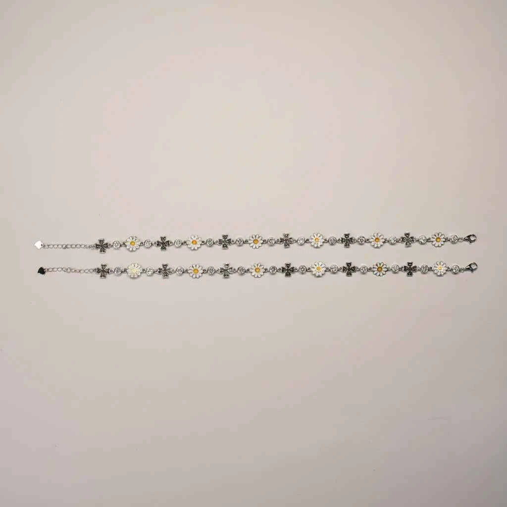 White Enamel Daisy Flower & Black CZ Cross Link Chain Anklet Set of 2 in 925 Silver