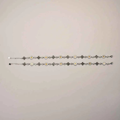 White Enamel Daisy Flower & Black CZ Cross Link Chain Anklet Set of 2 in 925 Silver