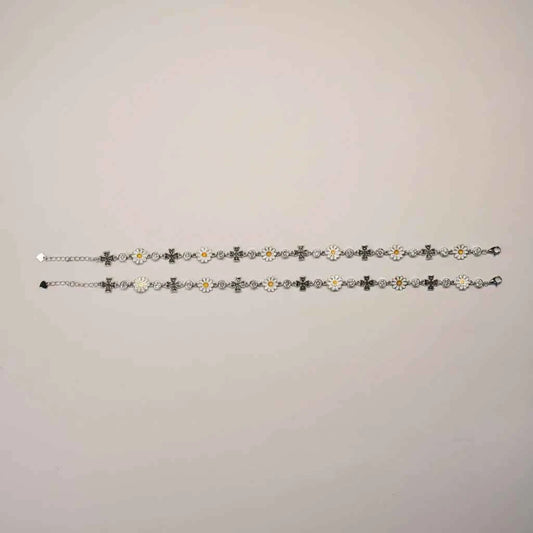 White Enamel Daisy Flower & Black CZ Cross Link Chain Anklet Set of 2 in 925 Silver