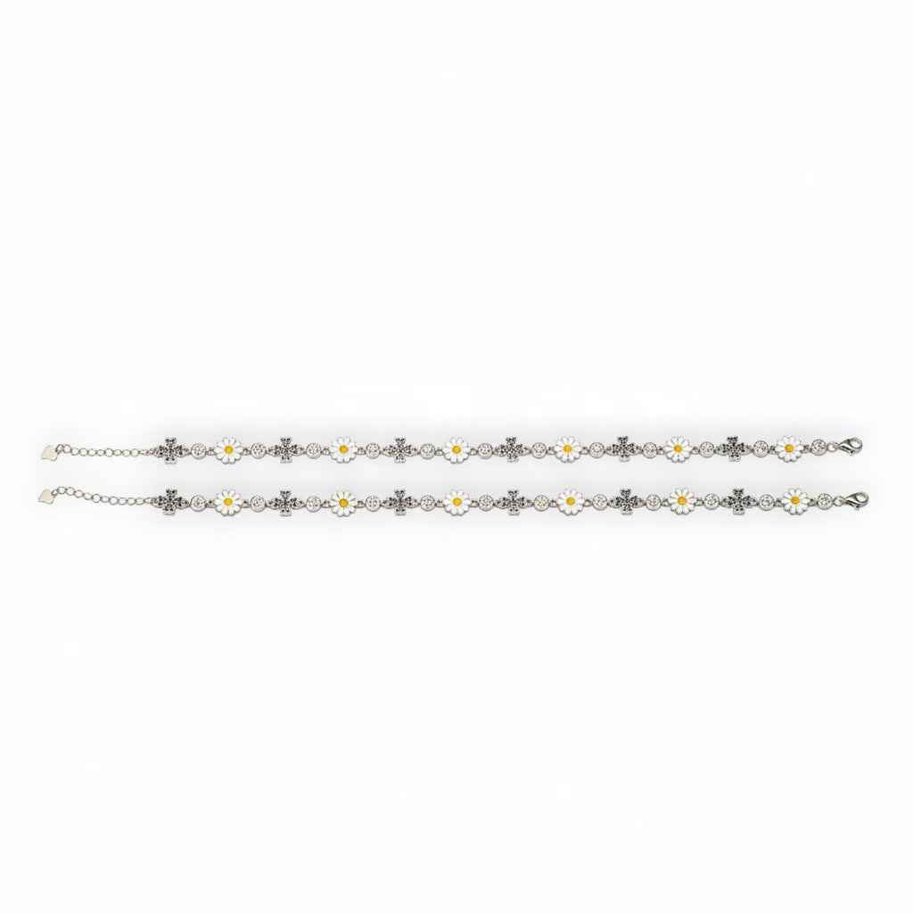 White Enamel Daisy Flower & Black CZ Cross Link Chain Anklet Set of 2 in 925 Silver