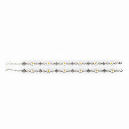 White Enamel Daisy Flower & Black CZ Cross Link Chain Anklet Set of 2 in 925 Silver