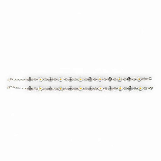 White Enamel Daisy Flower & Black CZ Cross Link Chain Anklet Set of 2 in 925 Silver