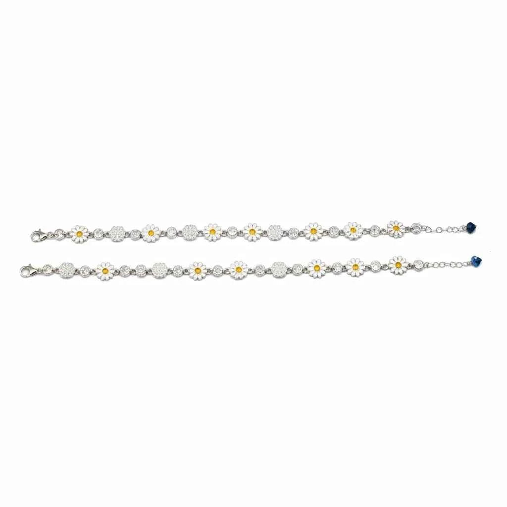 White Enamel Daisy Flower & CZ Disc Station Chain Anklet Set of 2 in 925 Silver