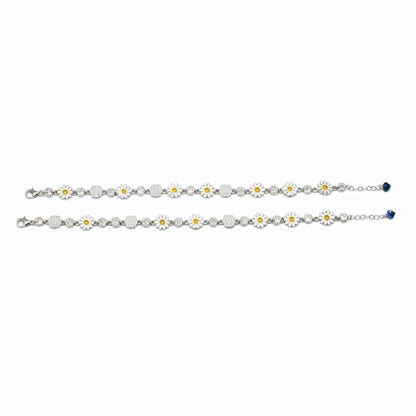 White Enamel Daisy Flower & CZ Disc Station Chain Anklet Set of 2 in 925 Silver