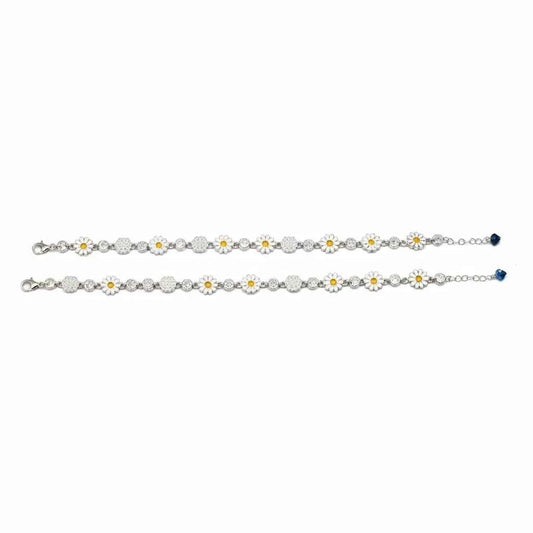 White Enamel Daisy Flower & CZ Disc Station Chain Anklet Set of 2 in 925 Silver