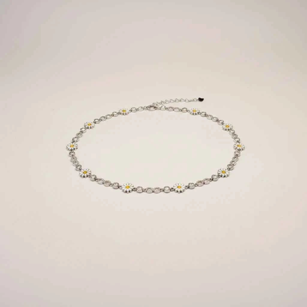 white enamel daisy flower & infinity link chain anklet set of 2 in 925 silver