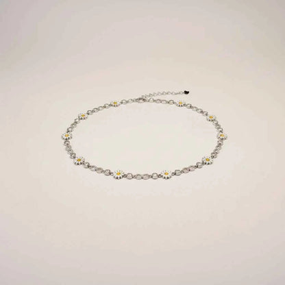 White Enamel Daisy Flower & Infinity Link Chain Anklet Set of 2 in 925 Silver