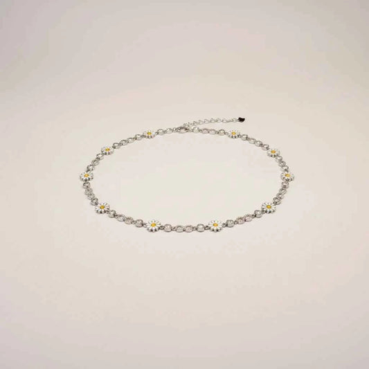 White Enamel Daisy Flower & Infinity Link Chain Anklet Set of 2 in 925 Silver