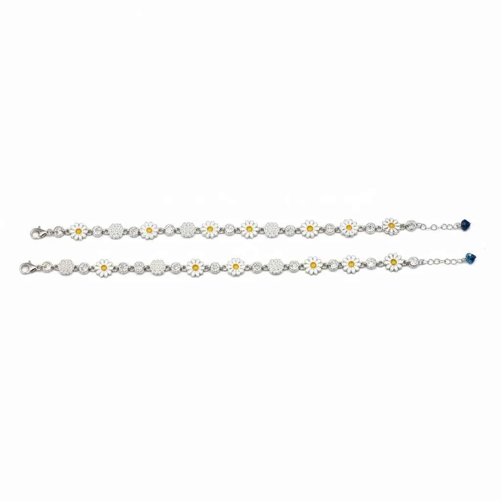 white enamel daisy flower & cz disc station chain anklet set of 2 in 925 silver