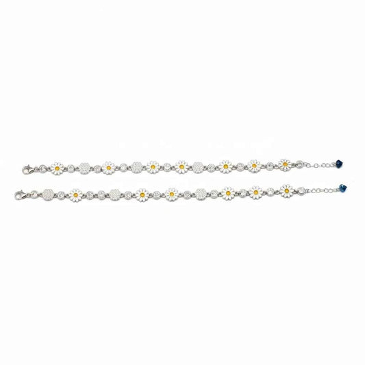 White Enamel Daisy Flower & CZ Disc Station Chain Anklet Set of 2 in 925 Silver