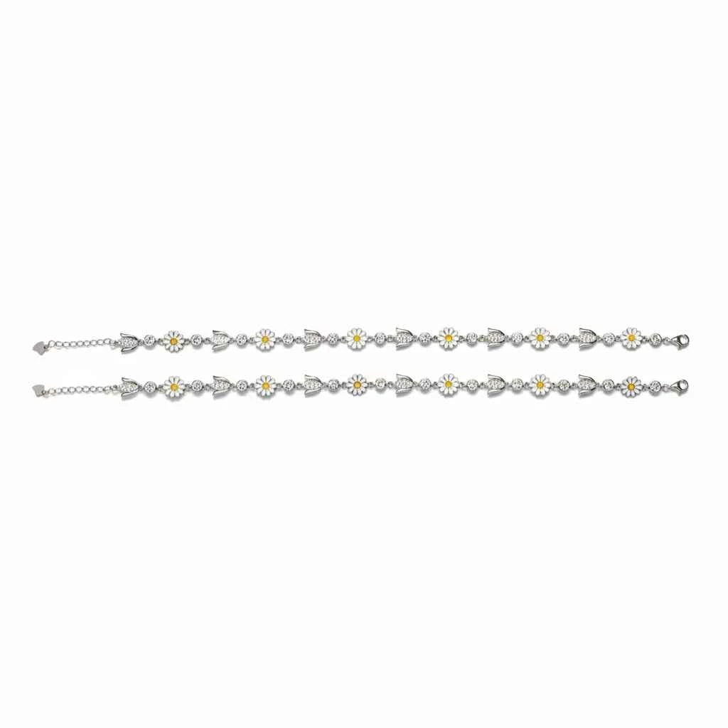 White Enamel Daisy Flower & CZ Tulip Bud Link Chain Anklet Set of 2 in 925 Silver