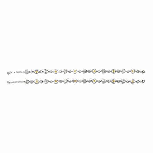 White Enamel Daisy Flower & CZ Tulip Bud Link Chain Anklet Set of 2 in 925 Silver