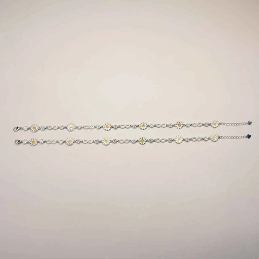 White Enamel Daisy Flower & Infinity Link Chain Anklet Set of 2 in 925 Silver